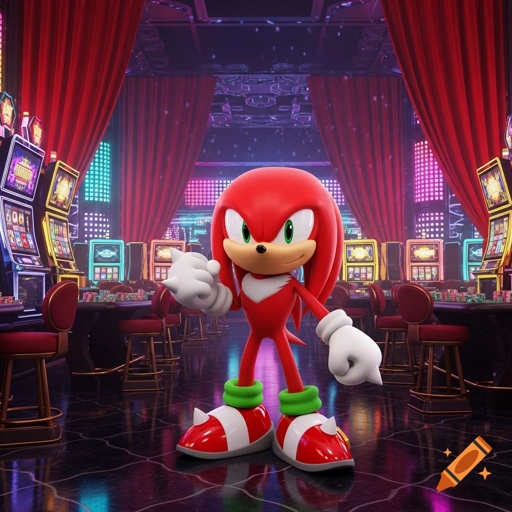 Knuckles the Echidna from Sonic stands in a vibrant casino with slot machines and gaming tables in a 3D animation style.