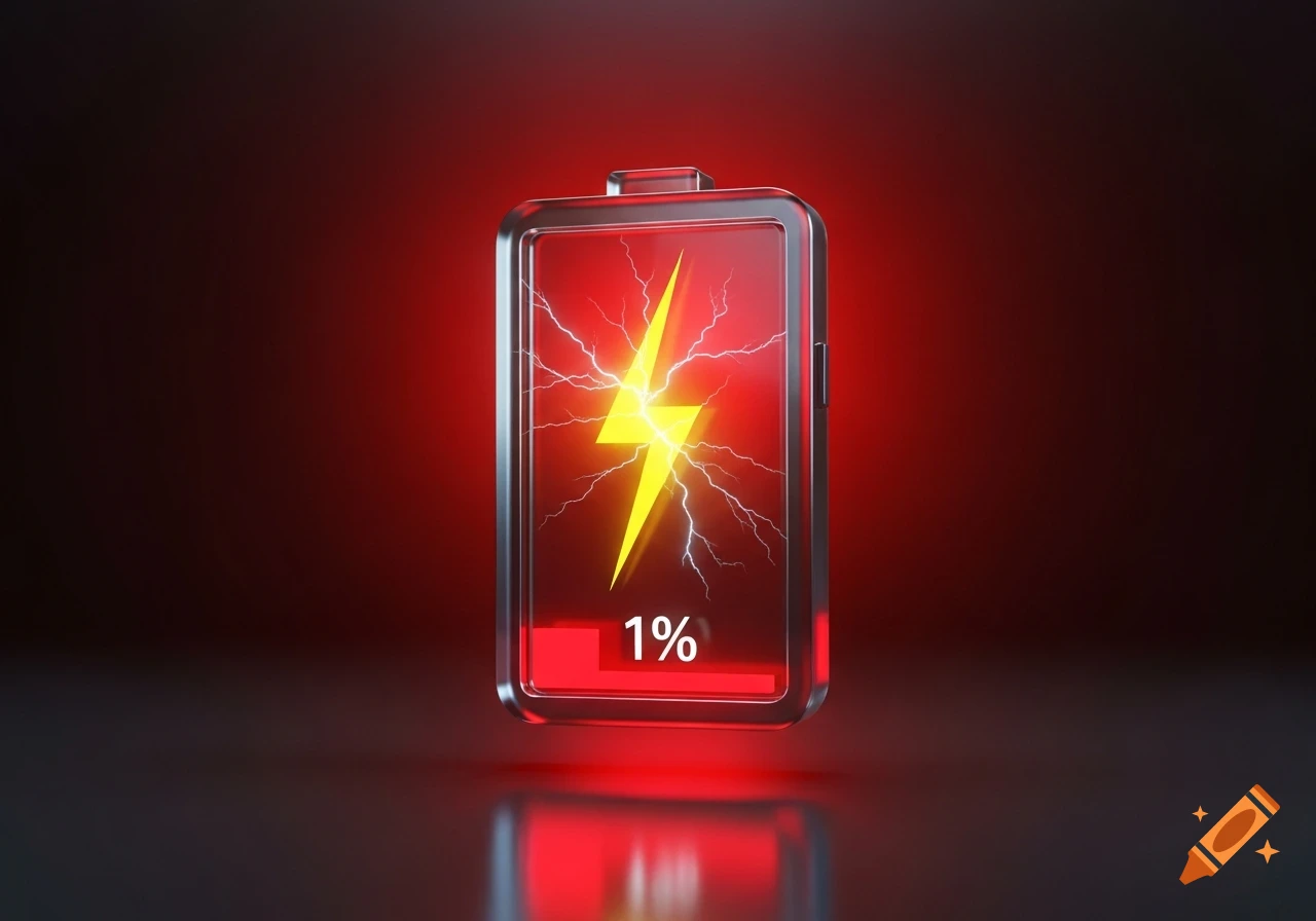A 3D render of a smartphone battery icon showing 1% charge with a yellow lightning bolt and red glow.