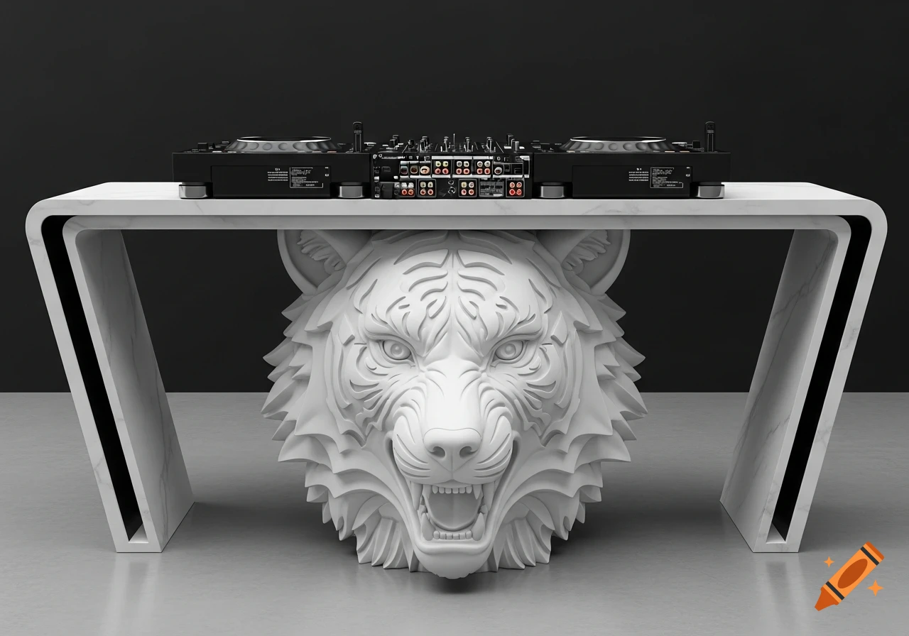 A modern DJ table with a white marble-style sculpture of a roaring tiger head as its base.