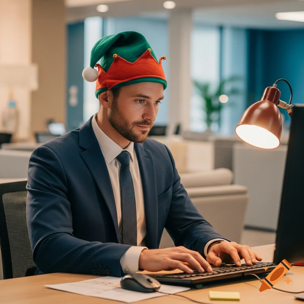 Man in a suit and an elf hat intently types on a keyboard at a desk in a modern office, photorealistic.
