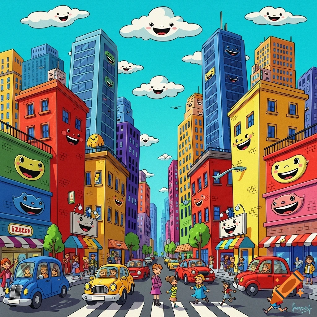 Vibrant cartoon city street scene in James Rizzi style, with smiling buildings, clouds, cars, and people crossing a crosswalk.