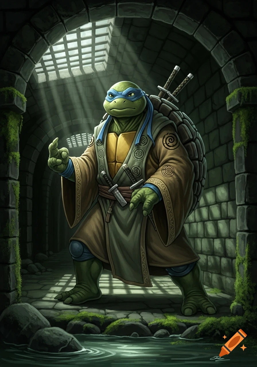 A Teenage Mutant Ninja Turtle, resembling Leonardo, dressed as a monk with katanas, stands in a moody, mossy sewer with light rays.