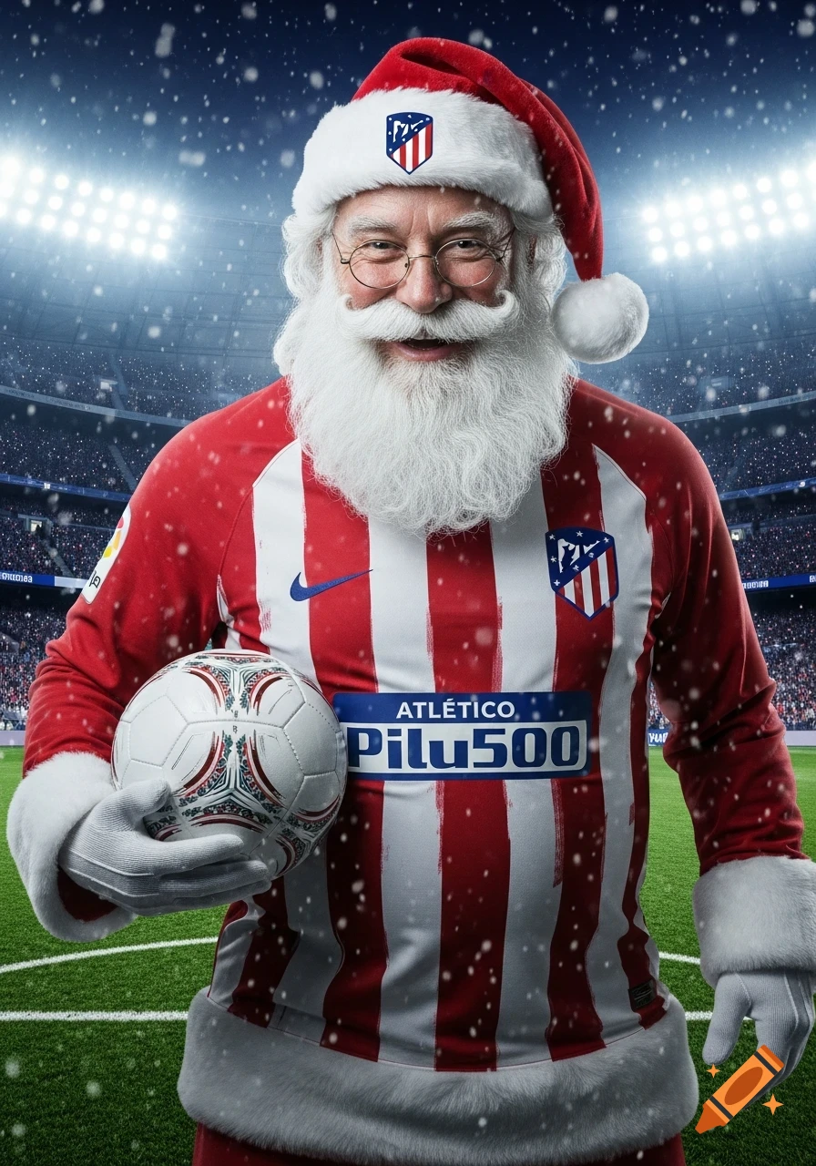 Photorealistic Santa Claus in an Atlético de Madrid football jersey holds a soccer ball and smiles in a snowy stadium.