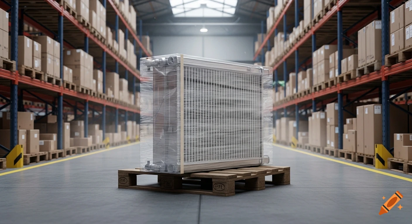 Photorealistic view of a large radiator wrapped in plastic on a wooden pallet in the aisle of a warehouse.