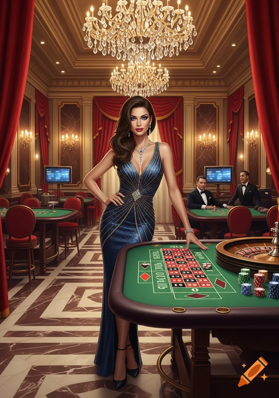 A glamorous woman in a sparkling blue dress stands by a roulette table in a richly decorated, opulent casino with chandeliers and red drapes.