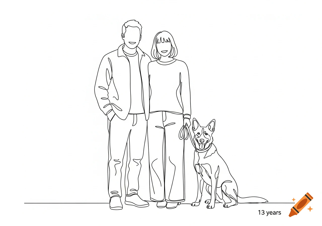 A simple line drawing of a smiling couple standing next to their dog, with "13 years" written below them.