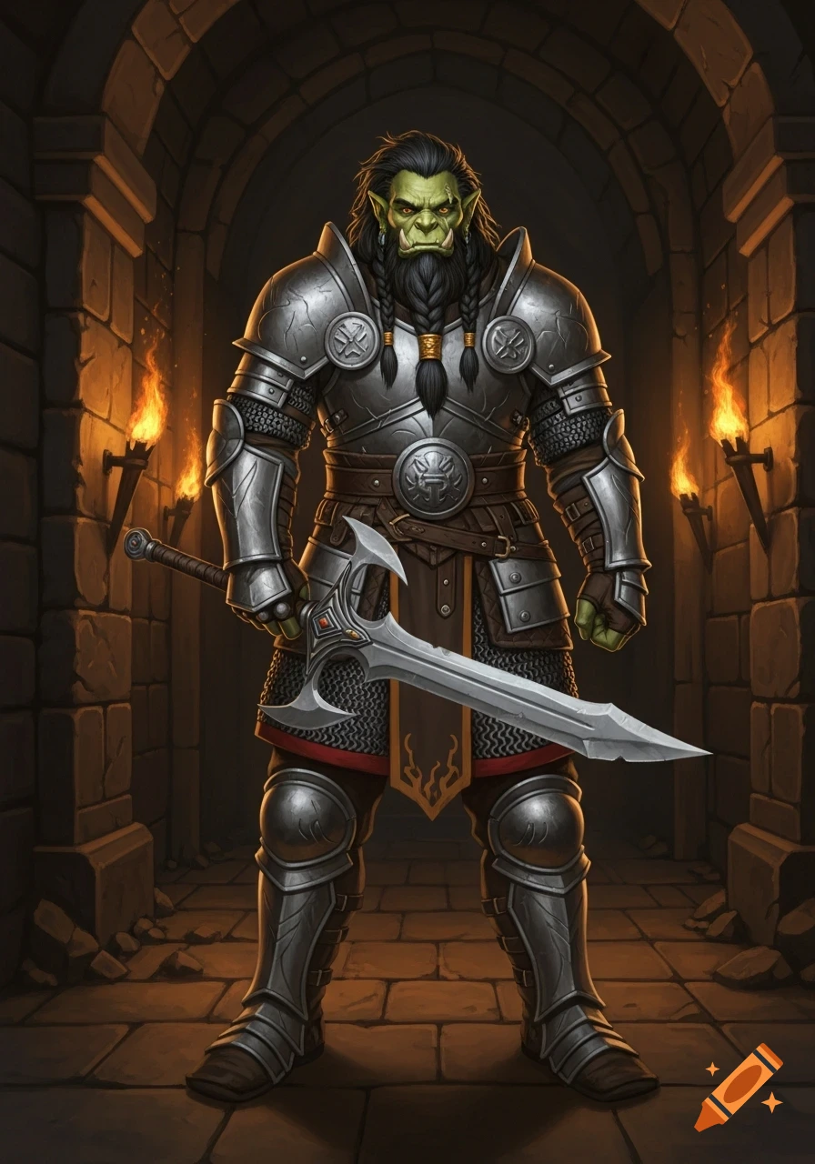 A green-skinned D&D half-orc fighter in full silver armor with a braided beard, holding a large sword in a torchlit stone dungeon.