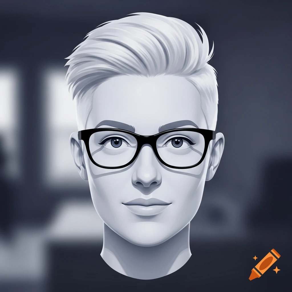 A stylized, monochromatic avatar portrait of a person with short, light hair and black glasses against a blurred dark background.
