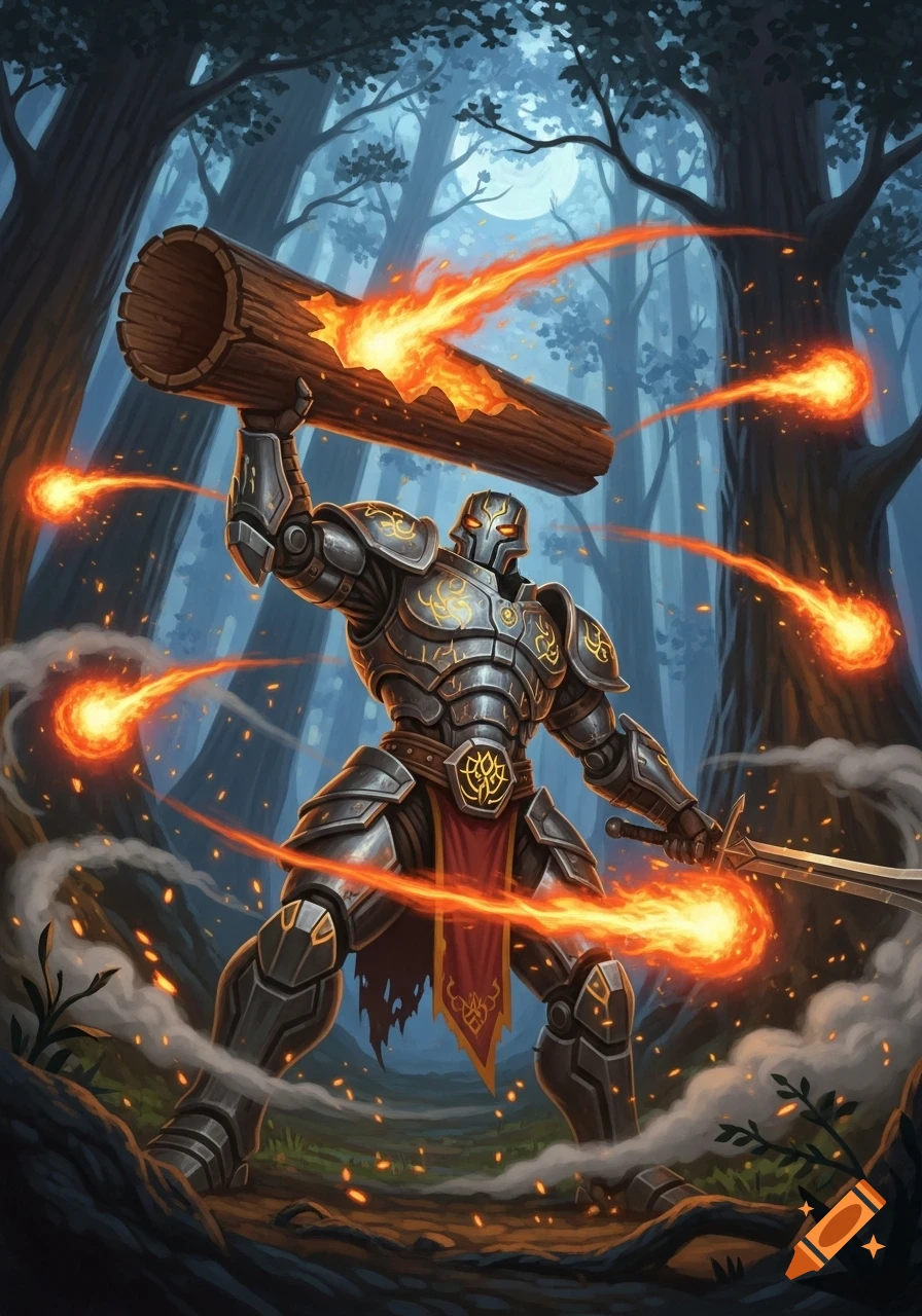 An armored warforged sorcerer stands in a forest, holding a flaming log and a sword, surrounded by fireballs.