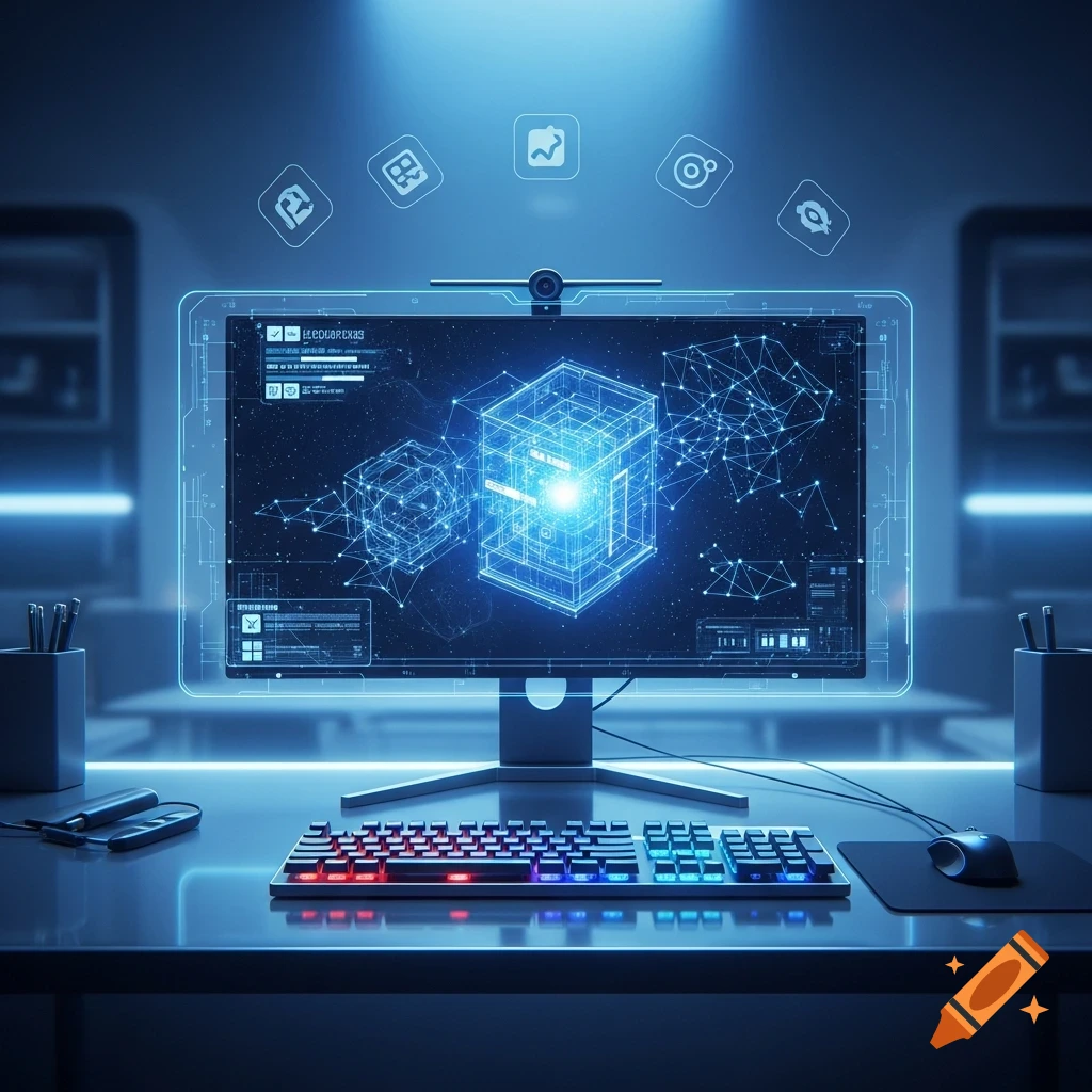 A glowing, futuristic computer setup with a colorful keyboard, mouse, and a monitor displaying holographic data and floating icons.