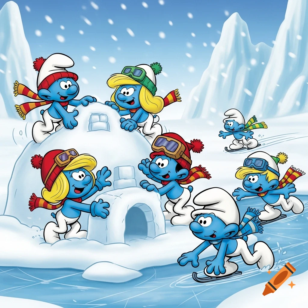 Several classic blue Smurfs play happily in a snowy arctic landscape, building igloos and ice skating in a vibrant cartoon style.