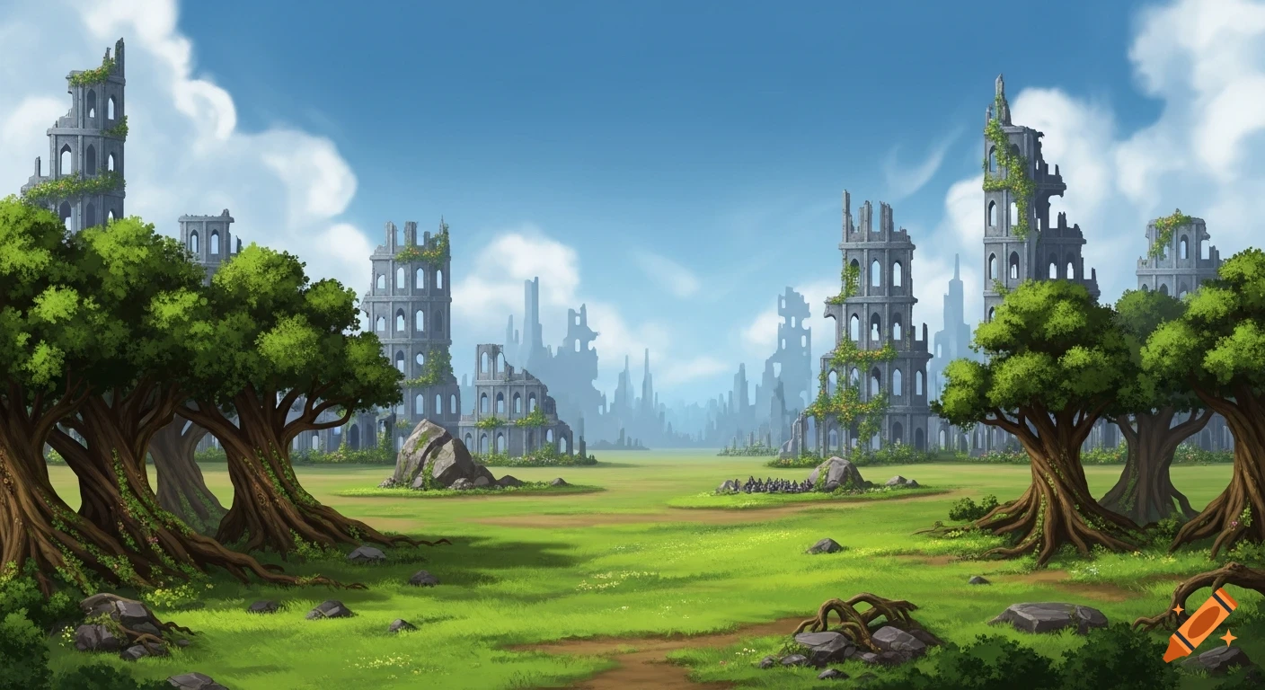 A painterly landscape features a vibrant green field, gnarled trees, and ancient, overgrown stone ruins under a bright blue sky.