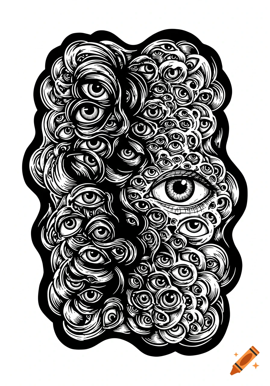 A black and white surreal illustration of an organic, Rorschach-like shape filled with numerous overlapping eyes, with one large, central detailed eye.
