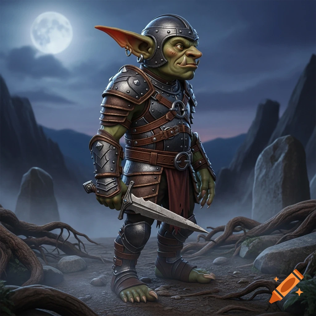 A green goblin warrior in detailed armor stands holding a dagger under a full moon in a misty, rocky landscape.