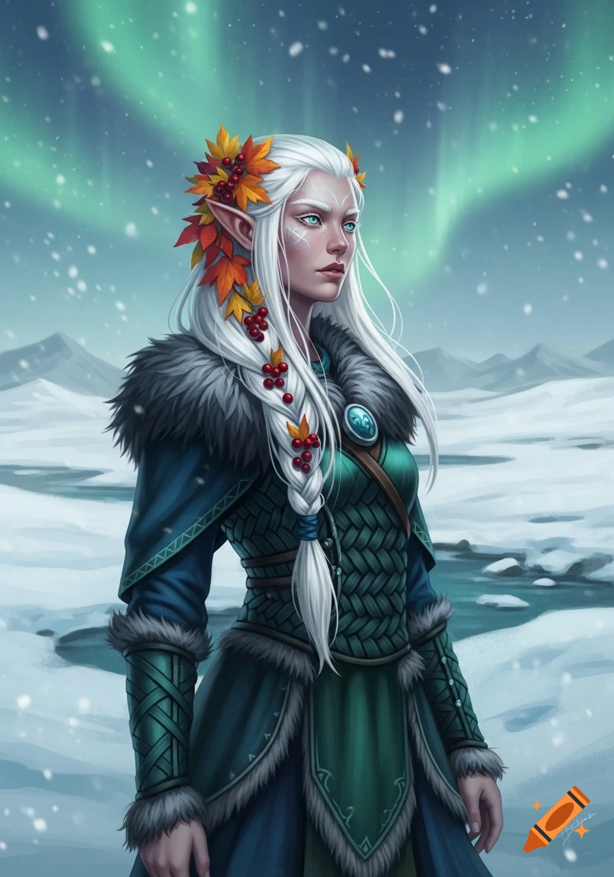 White-haired female elf with autumn leaves and berries in her hair, wearing winter clothes in a snowy tundra with aurora borealis, digital art.