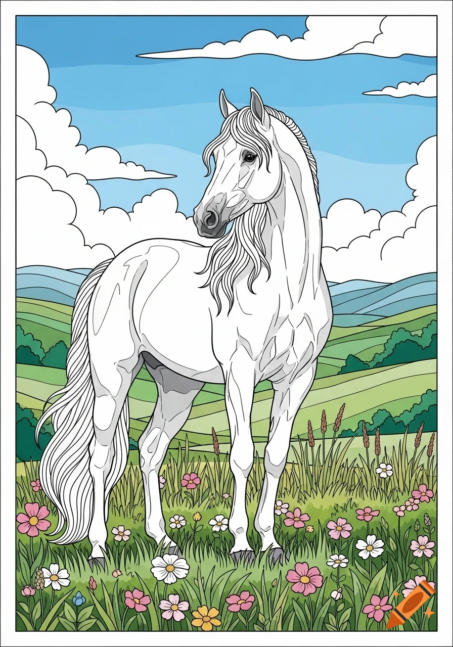A white horse stands in a field of green grass and colorful flowers under a blue sky, in a coloring page style illustration.