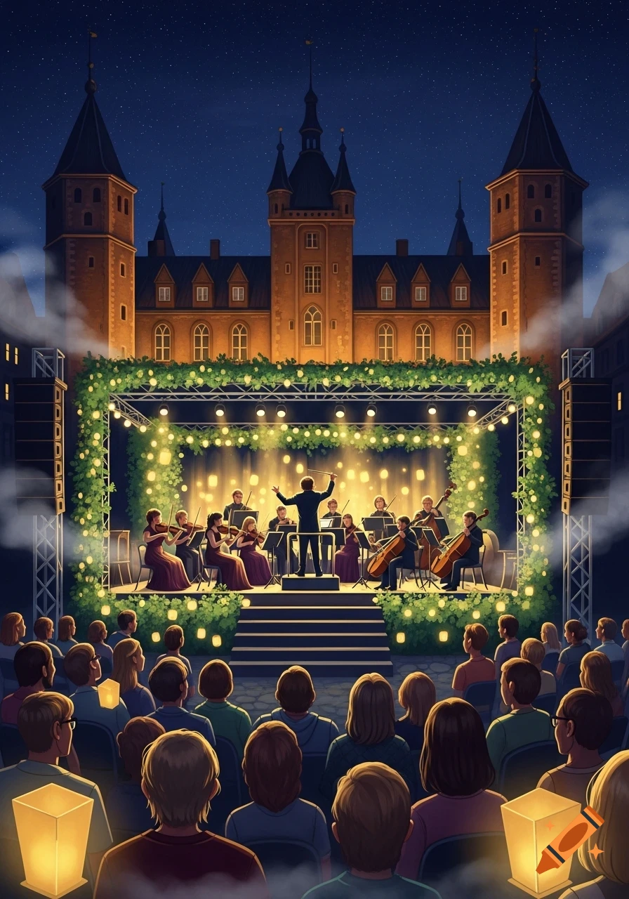 An outdoor classical music concert at night, with an orchestra on a lit stage in front of a grand castle, viewed from the audience.