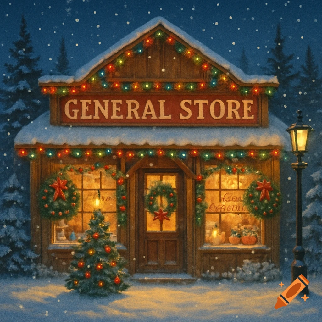 A festive general store in a snowy winter night, illuminated with colorful Christmas lights and a lamppost. A small Christmas tree stands in front.