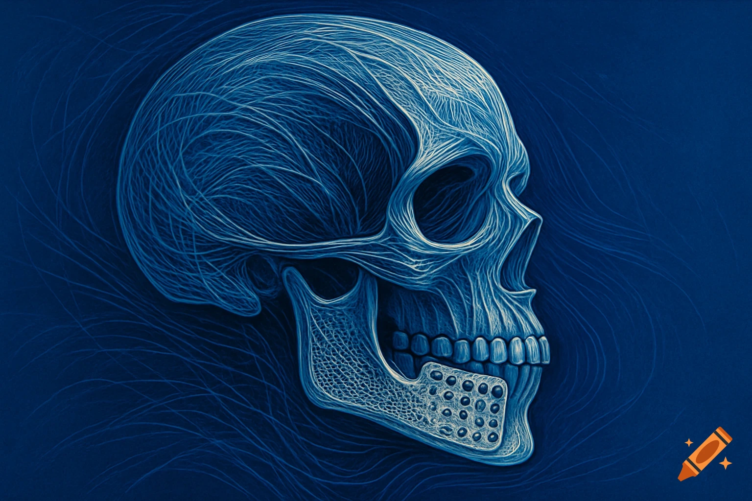 A stylized blue human skull rendered with a dynamic net pattern, highlighting a textured jaw implant against a dark blue background.