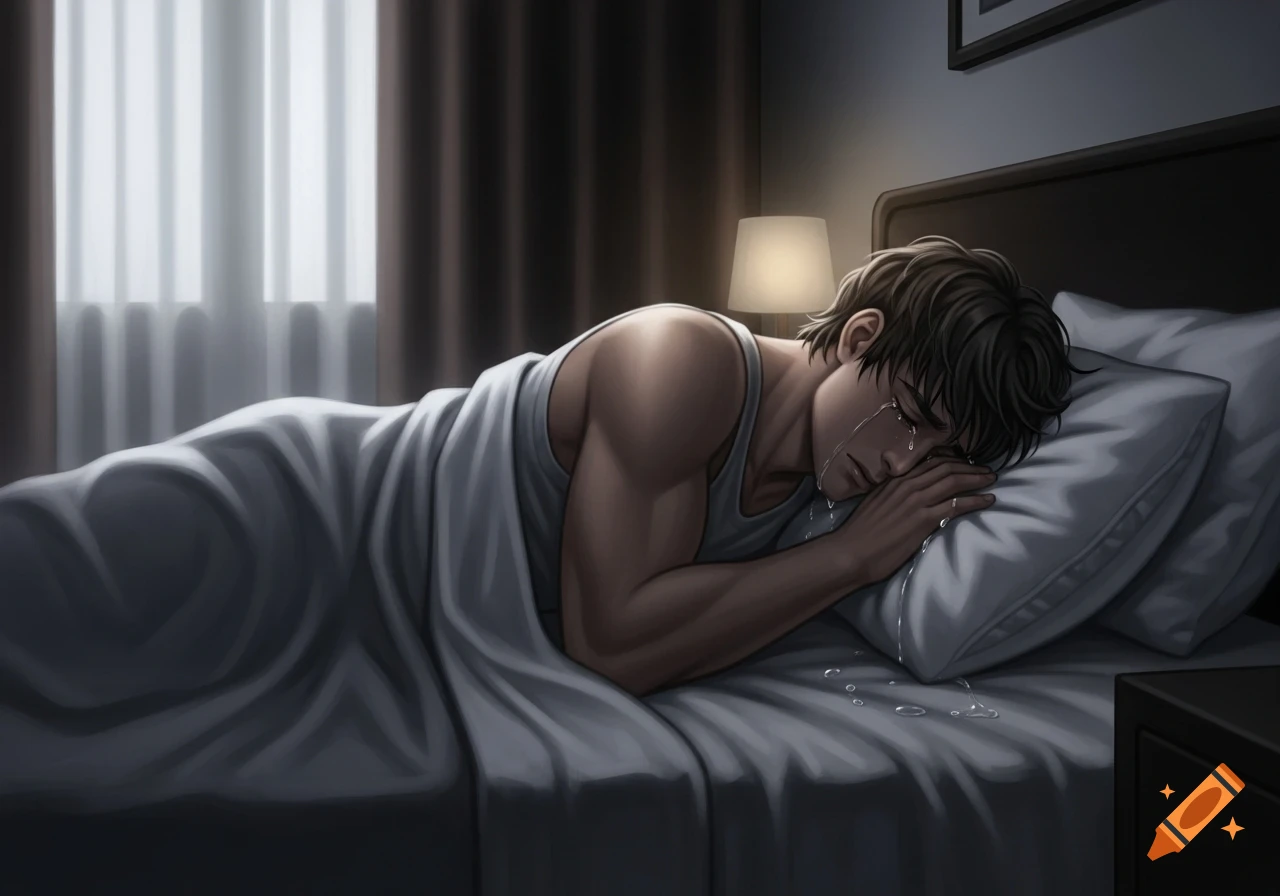 Anime-style illustration of a man crying in bed, face on a pillow, tears visible.