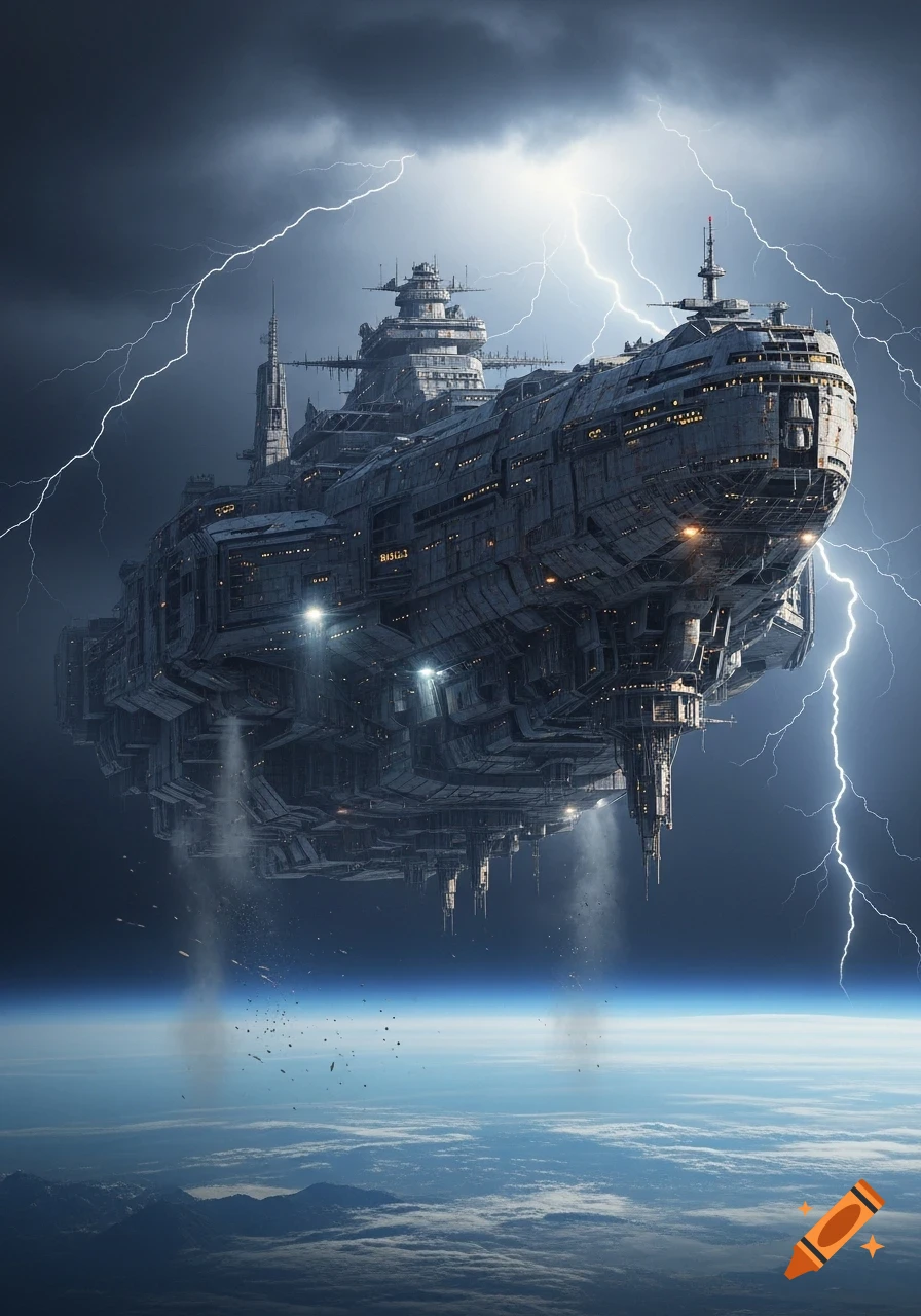 A massive, detailed spaceship hovers above Earth, illuminated by lightning in a stormy sky, photorealistic.