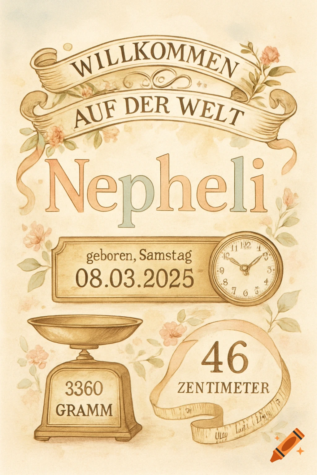Vintage watercolor birth announcement card with text "Willkommen auf der Welt Nepheli", birth details, scale, and measuring tape.