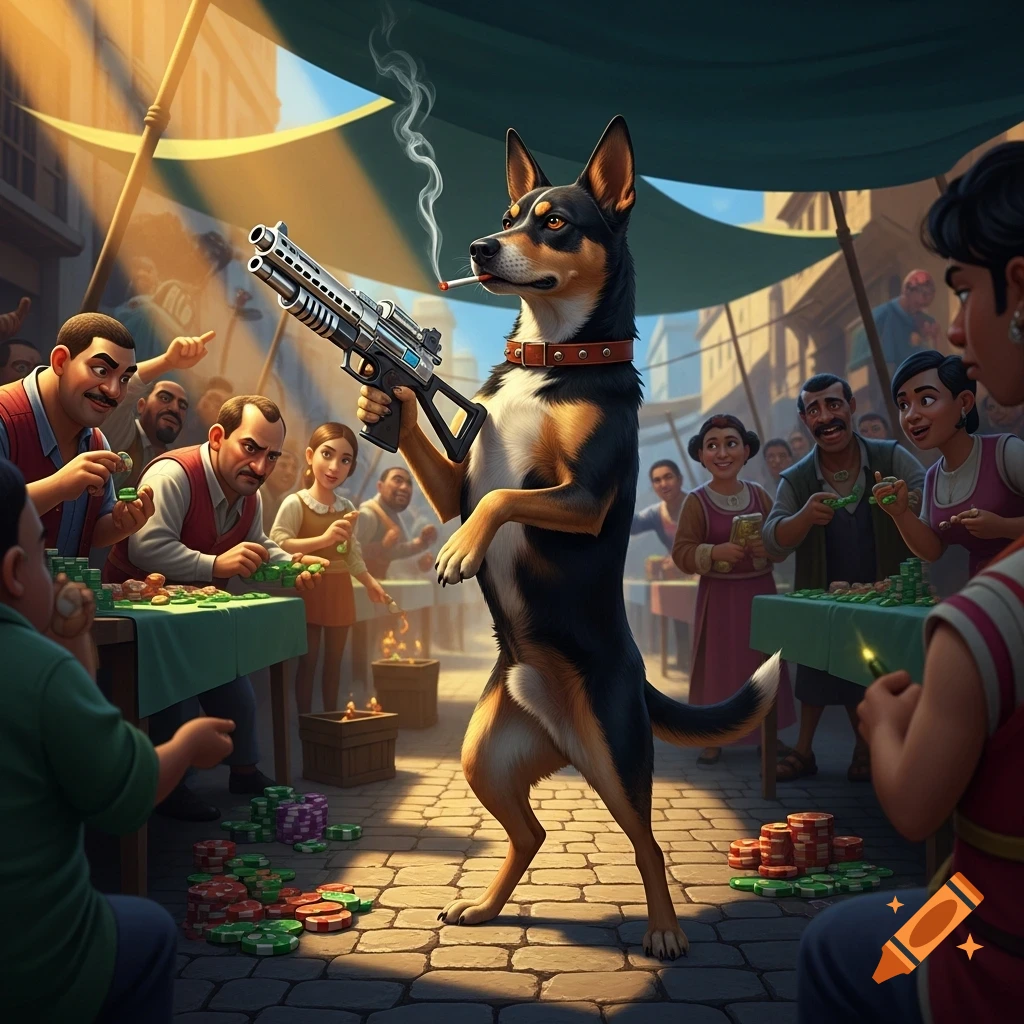 A stylized illustration of a bipedal dog with a gun and cigarette in a bustling market where people are gambling.