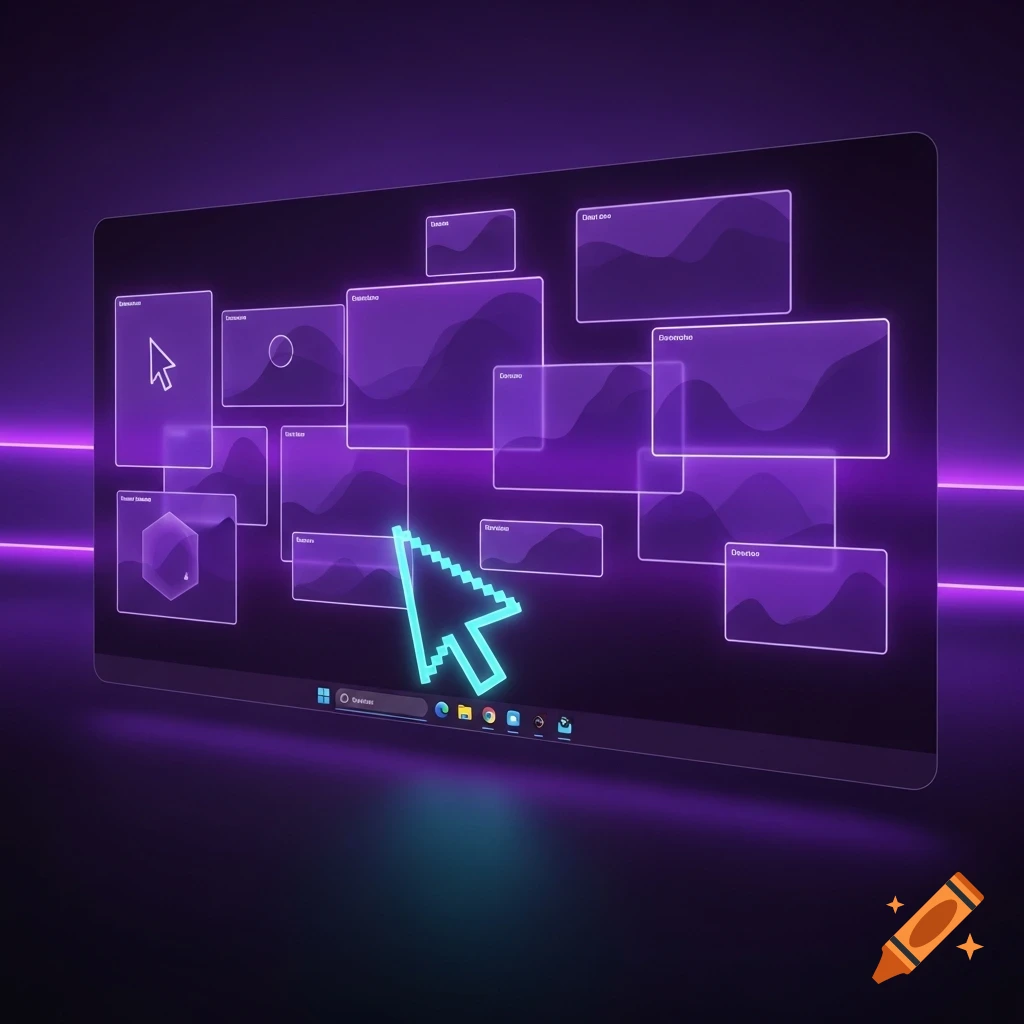 A glowing blue cursor on a transparent screen displaying purple windows and a taskbar, surrounded by neon lights.