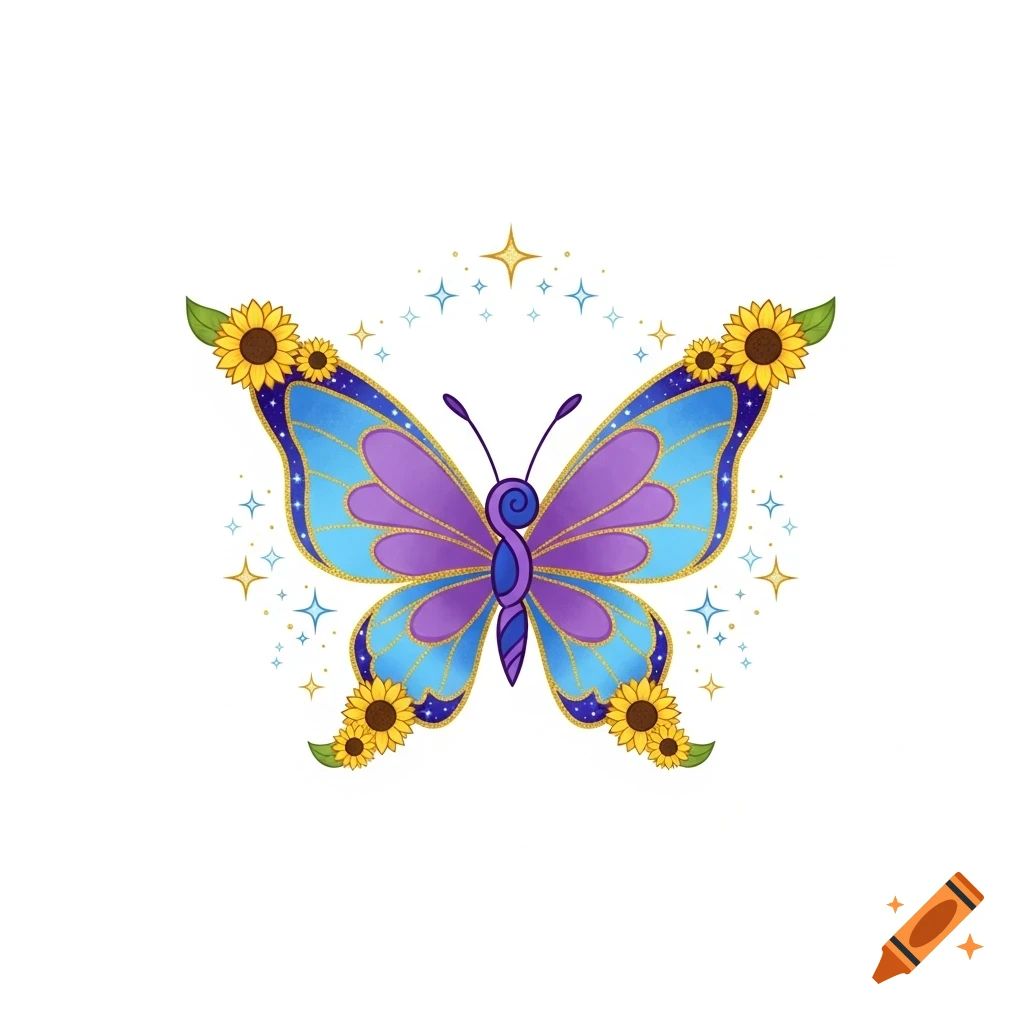 Stylized blue and purple butterfly with gold accents, sunflowers, and sparkles on a white background.