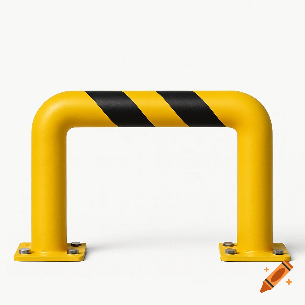 A bright yellow U-shaped industrial safety barrier with black diagonal stripes on the top bar, secured by anchor bolts on a white background.
