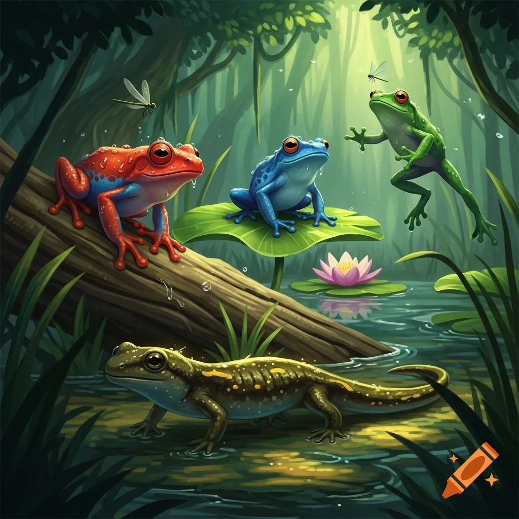 A vibrant illustration of a red frog, a blue frog, a green frog, and a salamander in a lush, watery jungle setting.