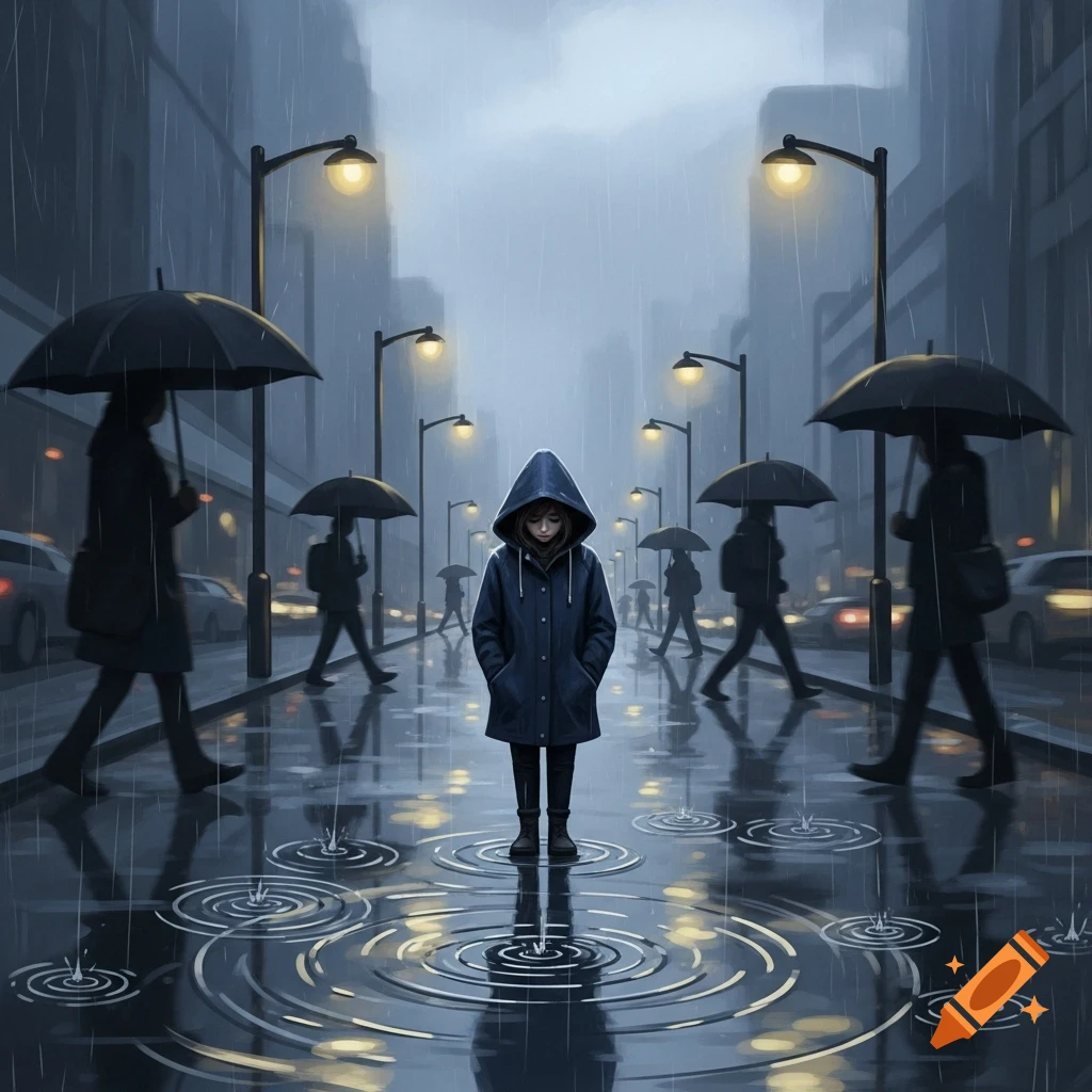 A melancholic person in a blue raincoat stands alone in a rainy city street with streetlights and blurred figures in the background.