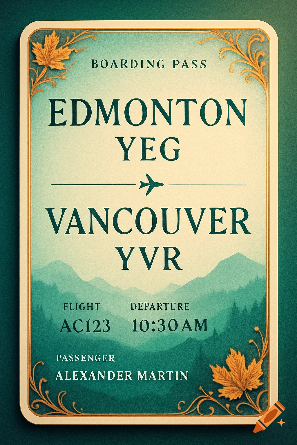 A vintage-style boarding pass from Edmonton YEG to Vancouver YVR, featuring mountain silhouettes and maple leaf decorations.