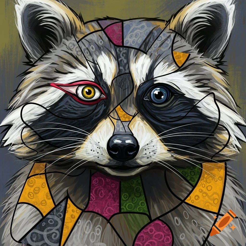 A surrealist painting of a raccoon face, fragmented into geometric patterns with varying textures, featuring one red-rimmed yellow eye and one blue eye.