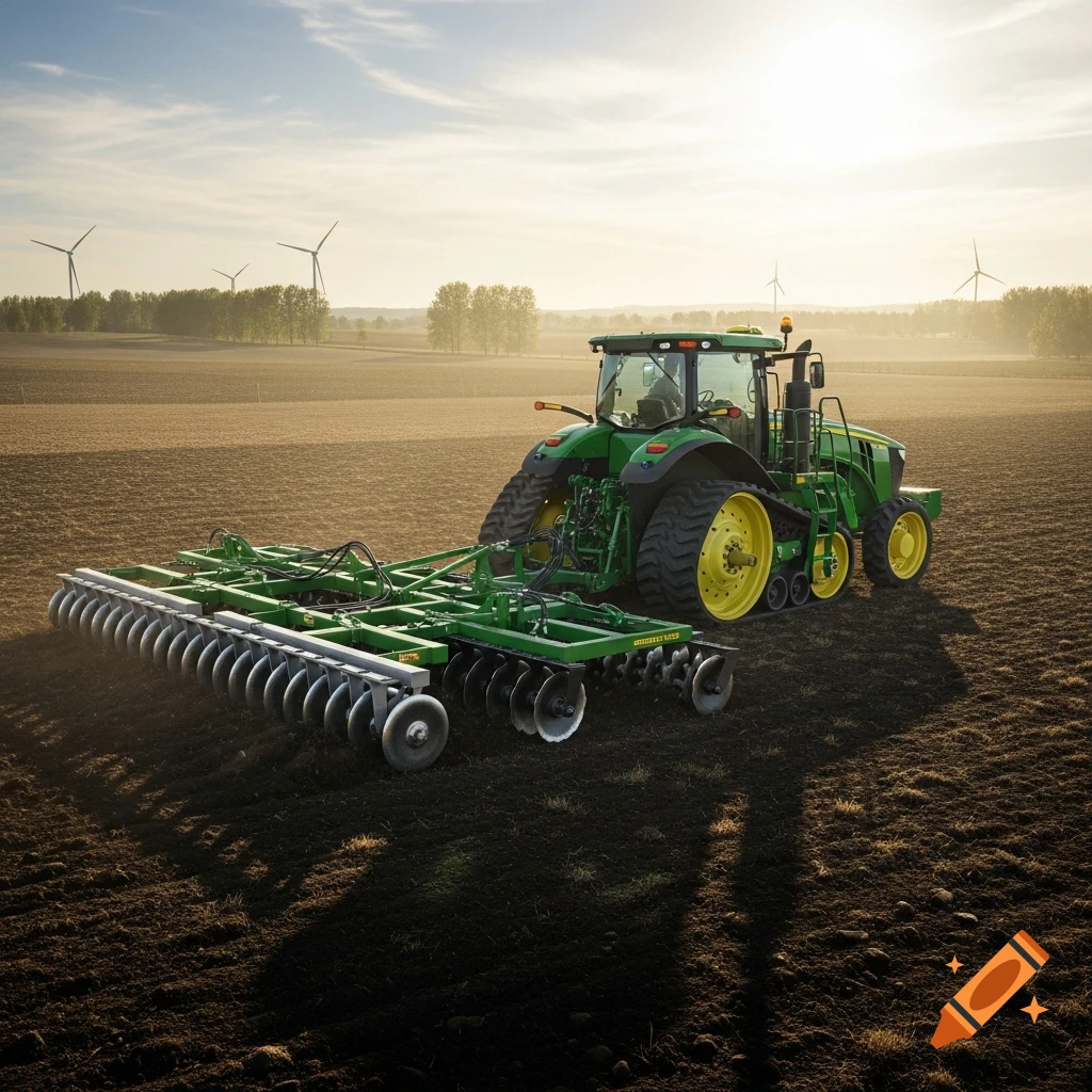 Photorealistic image of a green John Deere tractor with tracks pulling a disc harrow across a plowed field under a sunny sky.