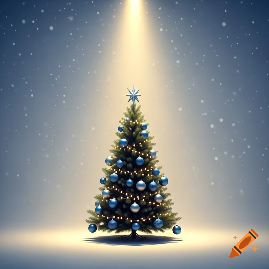 A minimalist Christmas tree decorated with blue and silver ornaments ...