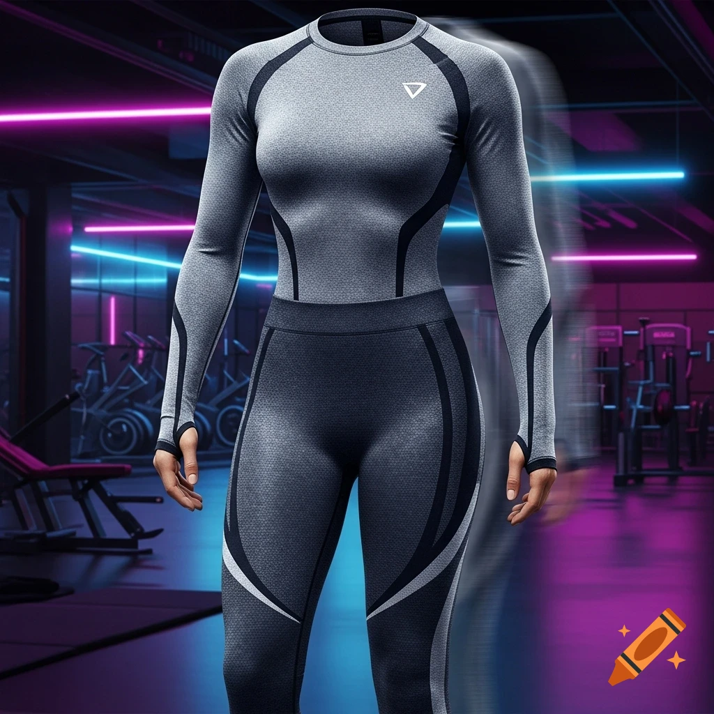 Photorealistic image of a gray compression wear set with black and white accents, worn by a headless mannequin, in a neon-lit gym.
