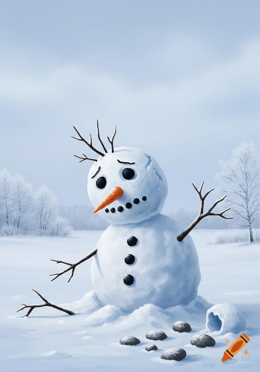 A sad, melting snowman with stick arms and a carrot nose sits in a snowy field with trees.