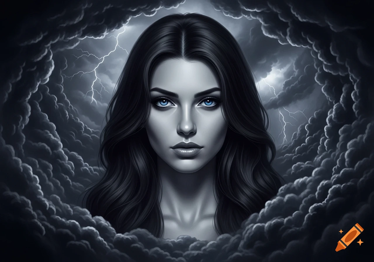 A close-up portrait of a dark-haired woman with striking blue eyes, framed by dramatic dark storm clouds and lightning.