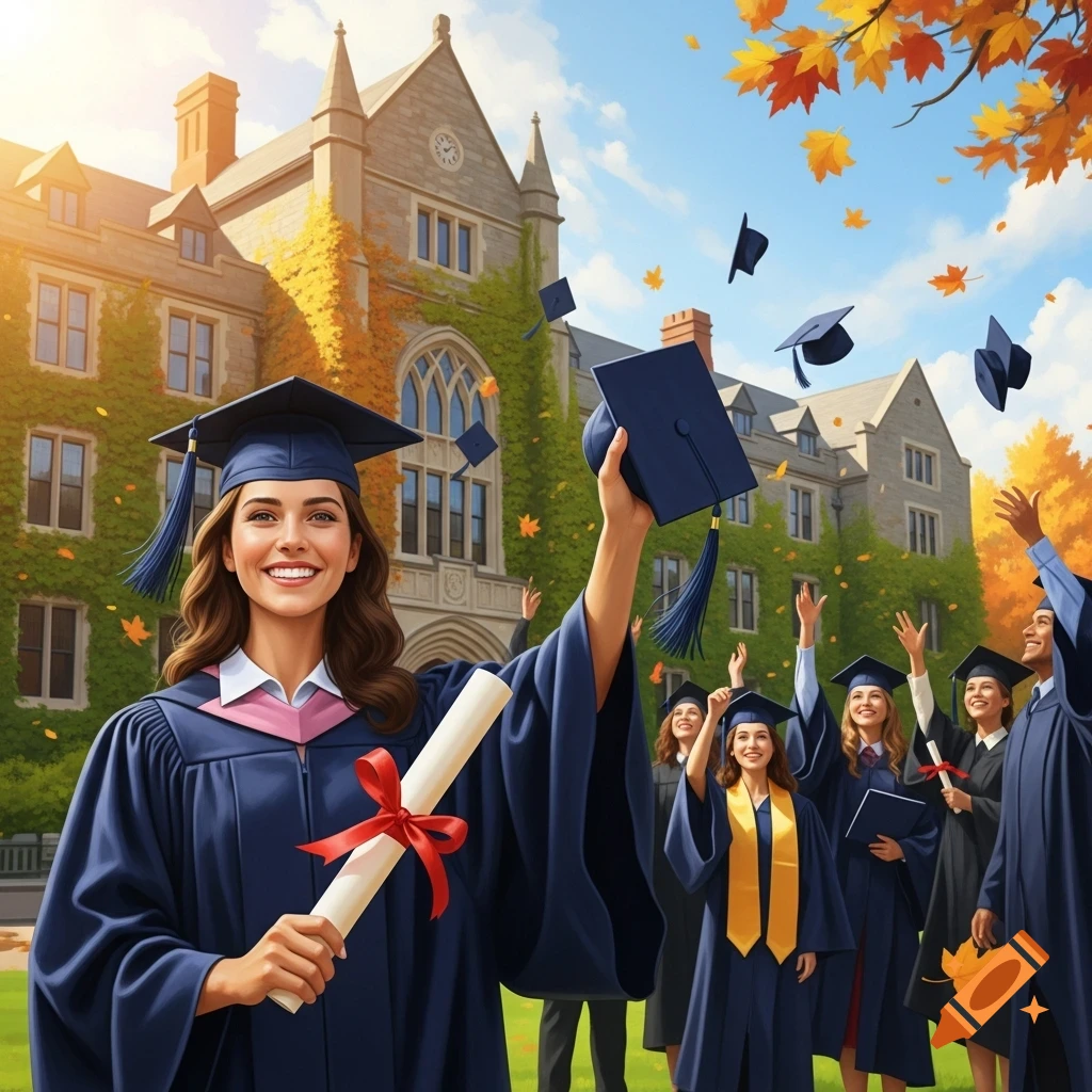 Happy female graduate in cap and gown holding a diploma and raising her cap with other graduates celebrating in front of a university building.