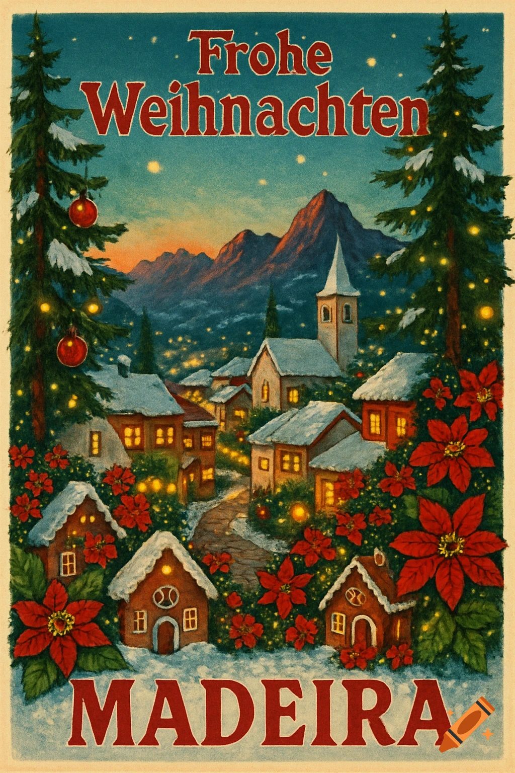 Vintage illustration of a snowy Christmas village with mountains, pine trees, poinsettias, and text 'Frohe Weihnachten MADEIRA'.