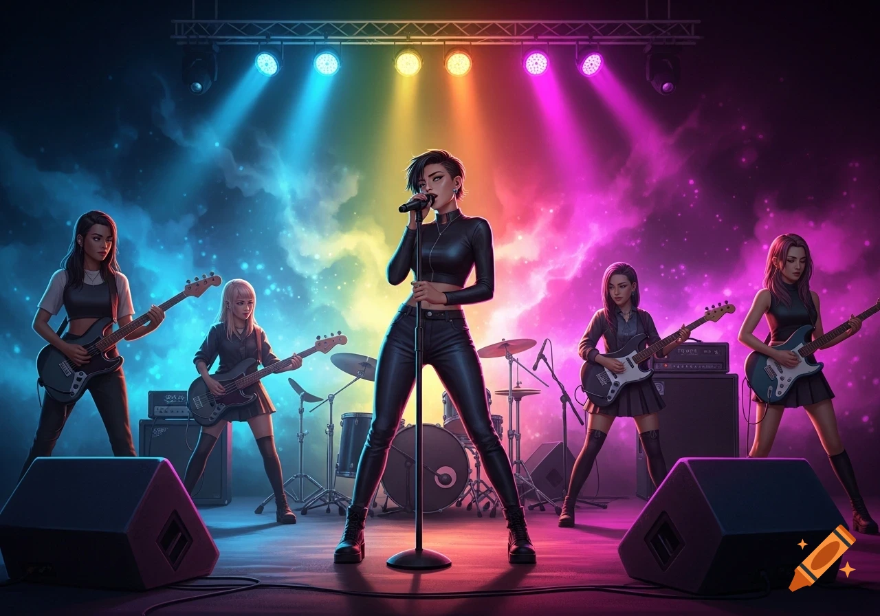 An all-female band performs on a stage under vibrant, multi-colored spotlights. A lead singer is at the mic, flanked by guitarists.