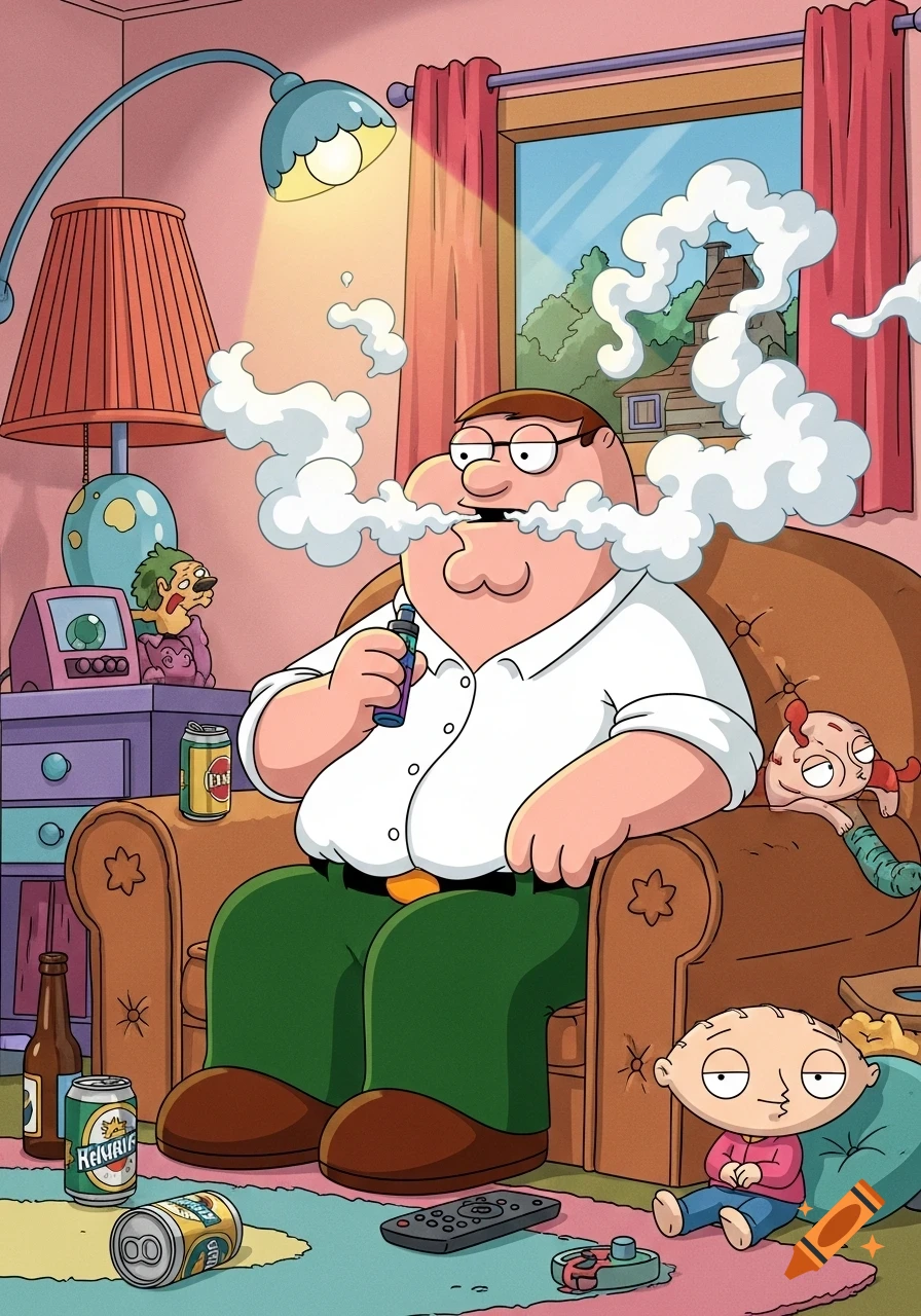 Cartoon of Peter Griffin vaping in a living room chair with beer cans, Stewie is on the floor.