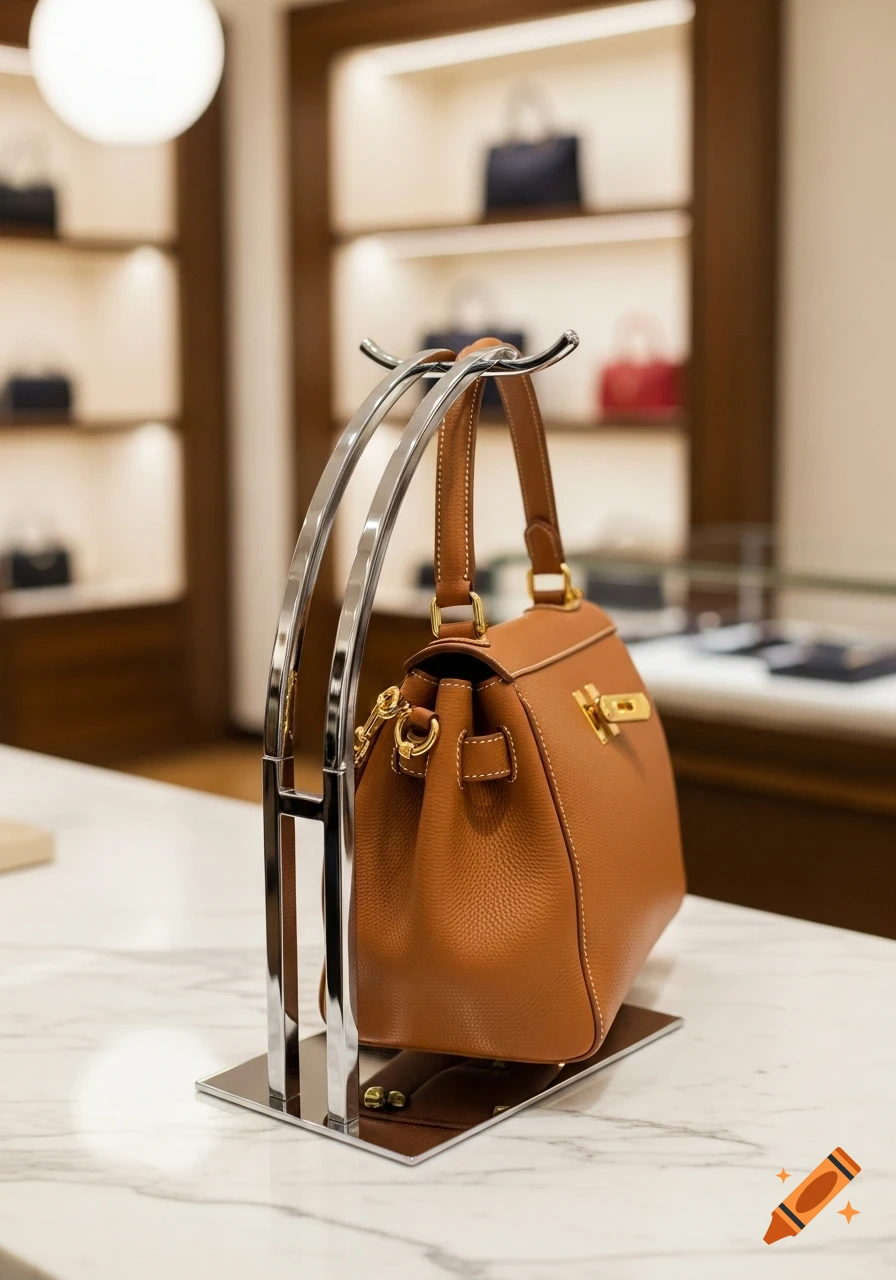 A stylish cognac-colored leather handbag with gold hardware displayed on a chrome holder on a marble counter in a boutique.