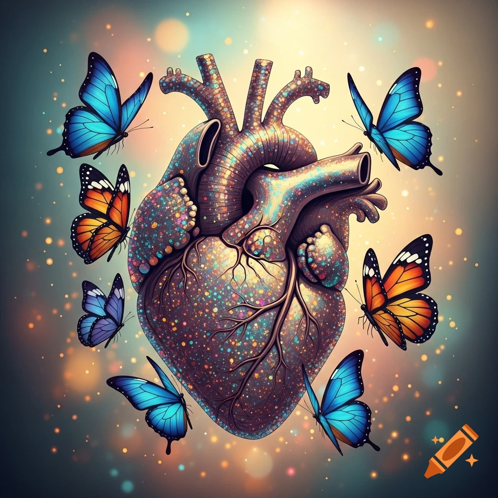 A stylized anatomical heart, covered in colorful glitter, with blue, orange, and purple butterflies fluttering around it on a bokeh background.