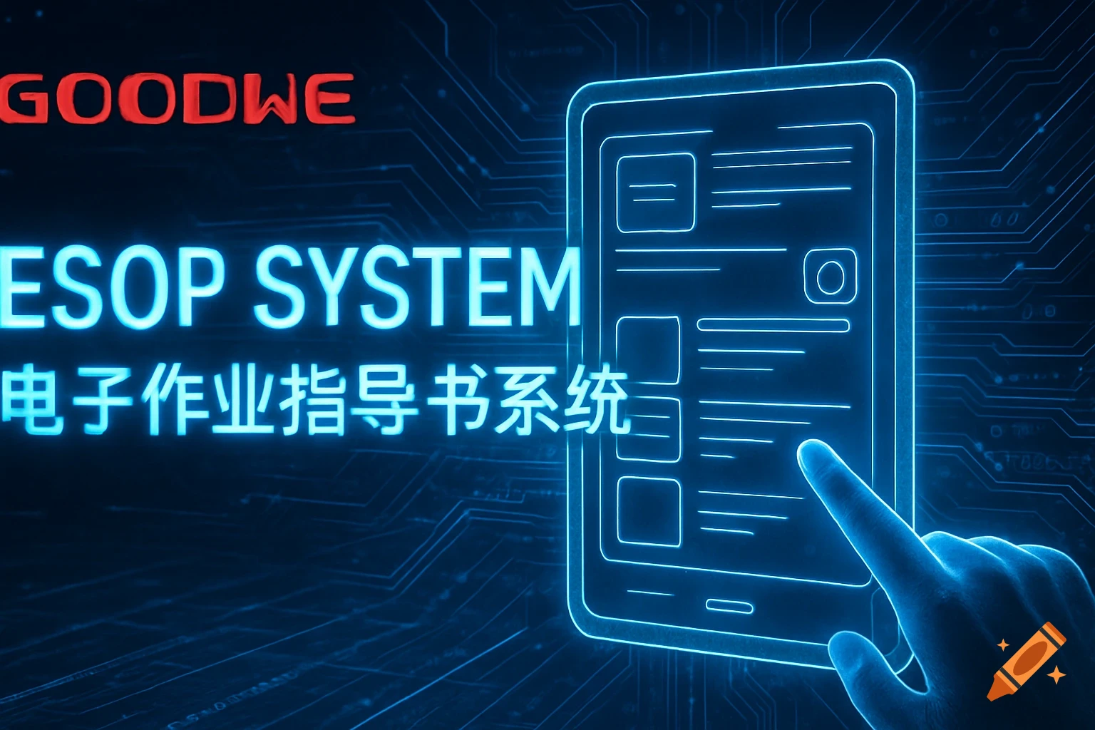 Digital interface with glowing tablet, a finger tapping, and circuit board patterns. Text: 'GOODWE', 'ESOP SYSTEM', '电子作业指导书系统'.