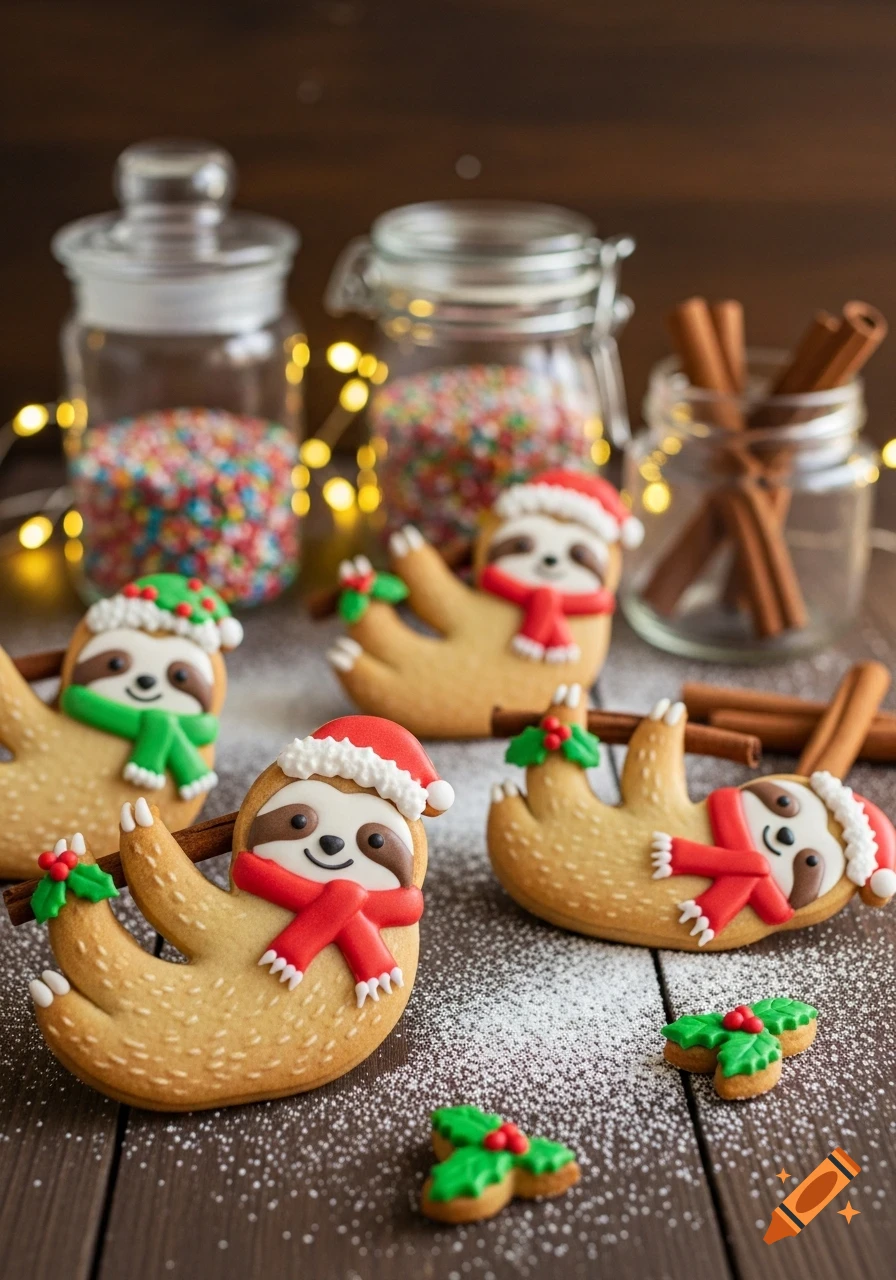 Christmas sloth cookies on a wooden table, decorated with Santa hats and scarves, surrounded by powdered sugar and festive lights.