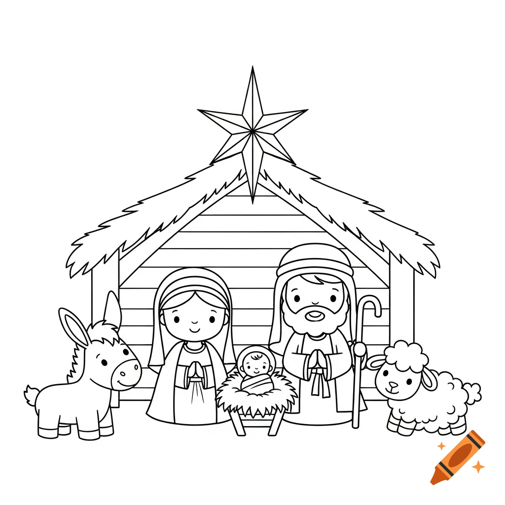 A black and white cartoon nativity scene coloring page with Mary, Joseph, baby Jesus in a manger, a donkey, a sheep, and a star.
