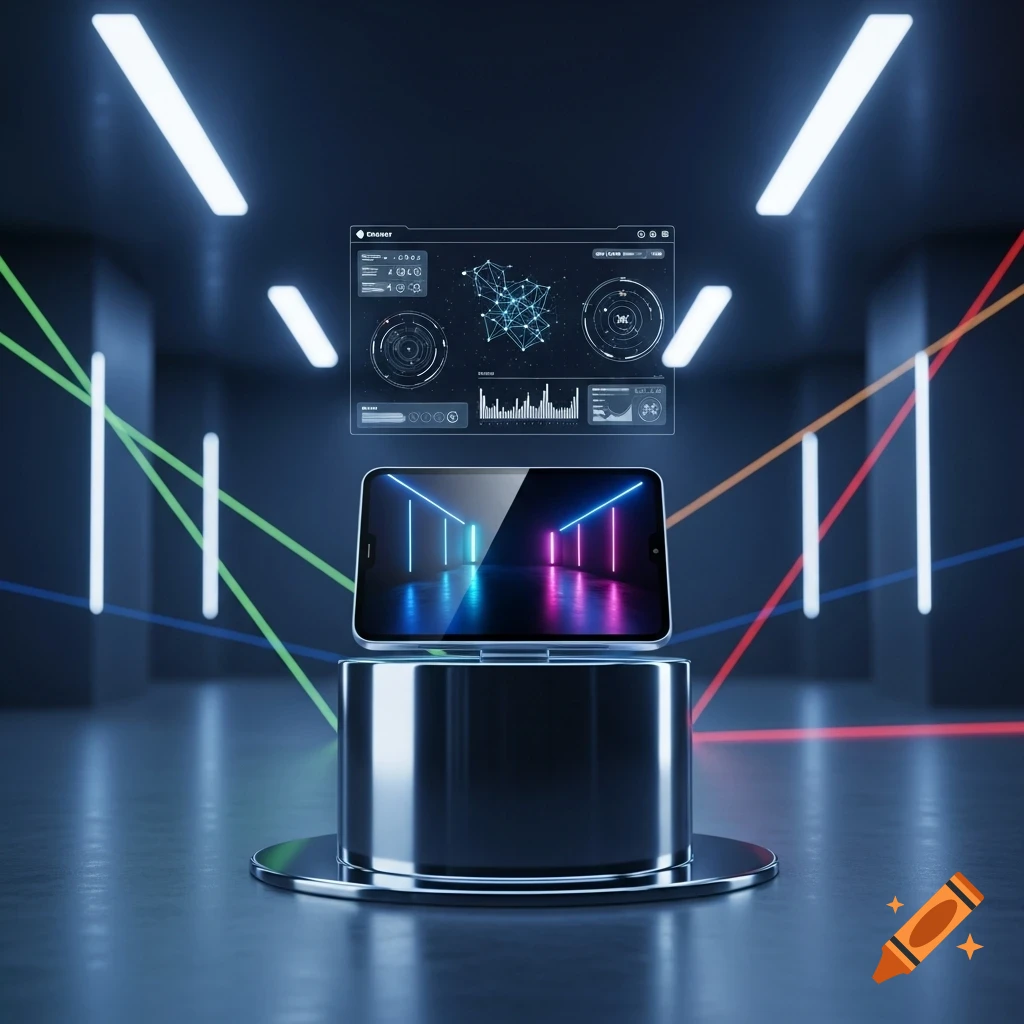 A smartphone on a metallic pedestal displaying a neon-lit tunnel, with a holographic data interface above, in a futuristic dark room.