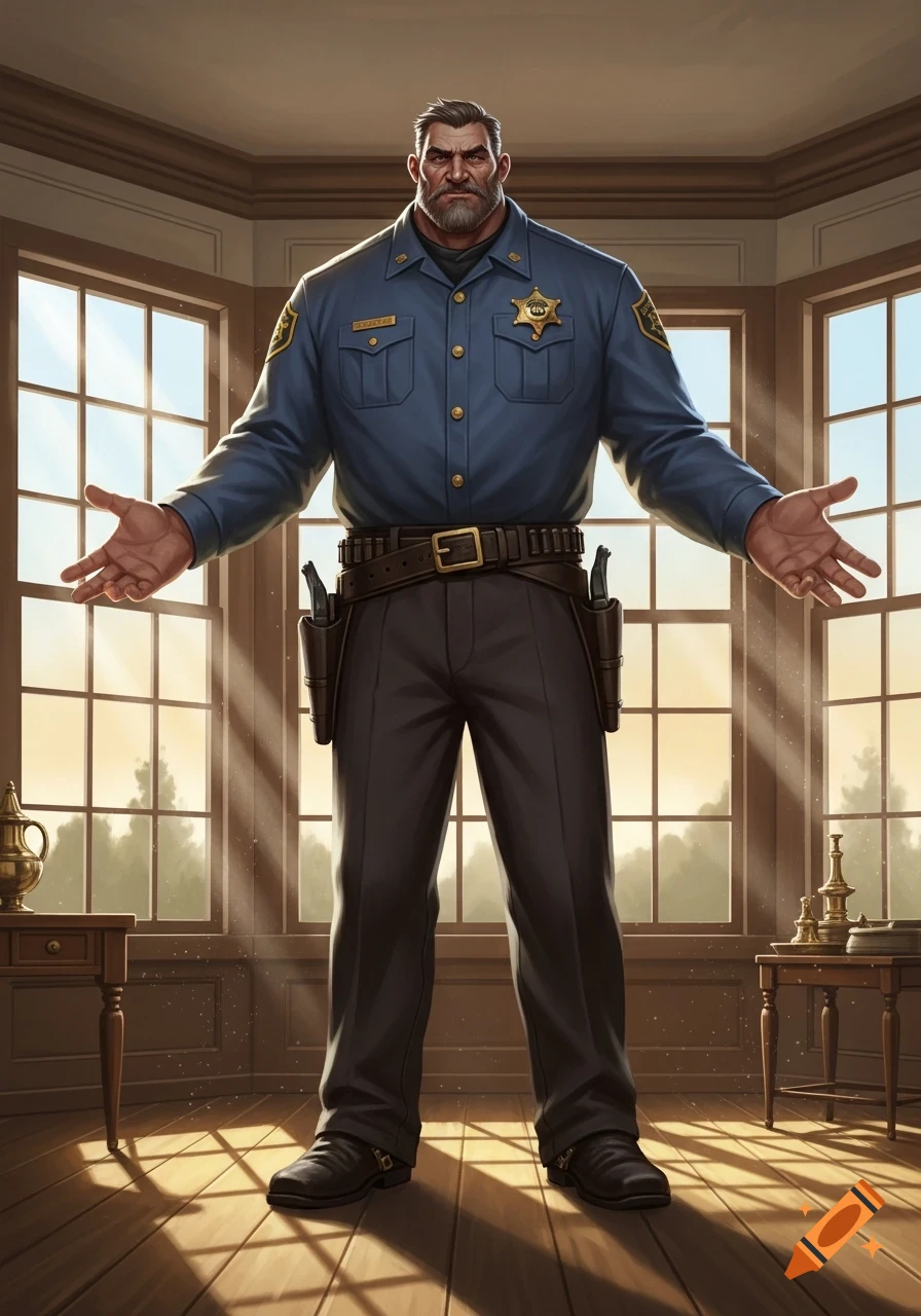 A gruff, muscular sheriff stands in a brightly lit room with his arms spread wide, beckoning.